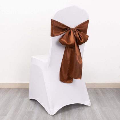 5 Pack Satin Chair Sashes 6"x106" Cinnamon Brown - Reusable Chair Bows with Smooth Finish