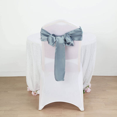5 Pack Satin Chair Sashes 6"x106" Dusty Blue - Reusable Chair Bows with Smooth Finish