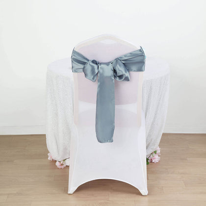 5 Pack Satin Chair Sashes 6"x106" Dusty Blue - Reusable Chair Bows with Smooth Finish
