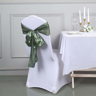 5 Pack Satin Chair Sashes 6"x106" Dusty Sage Green - Reusable Chair Bows with Smooth Finish