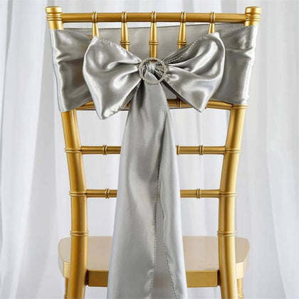 5 Pack Satin Chair Sashes 6"x106" Silver - Reusable Chair Bows with Smooth Finish