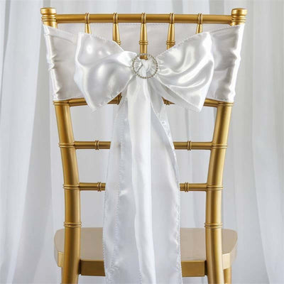 5 Pack Satin Chair Sashes 6"x106" White - Reusable Chair Bows with Smooth Luxurious Finish for Weddings & Banquets