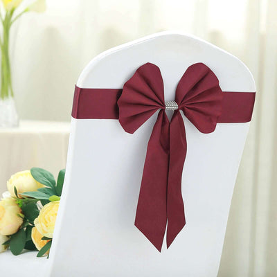 5 Pack Satin Faux Leather Chair Sashes Burgundy with Diamond Rhinestone Buckles - Reversible Pre-tied Bow Tie Chair Bands