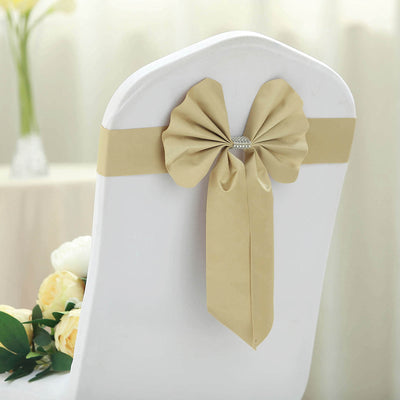 5 Pack Satin Faux Leather Chair Sashes Champagne with Diamond Rhinestone Buckles - Reversible Pre-tied Bow Tie Chair Bands