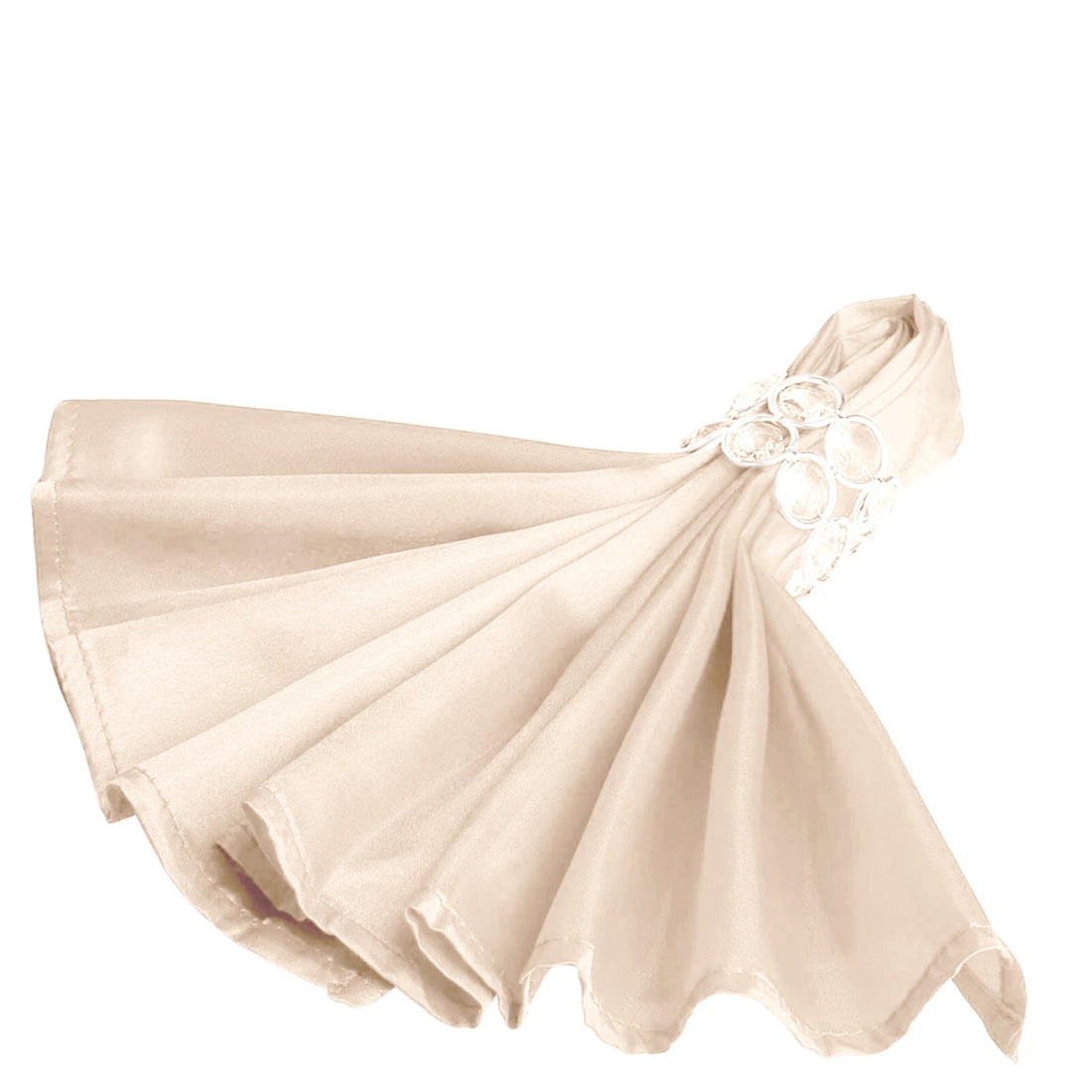 Elegant beige satin napkin with decorative ring, studio shot.