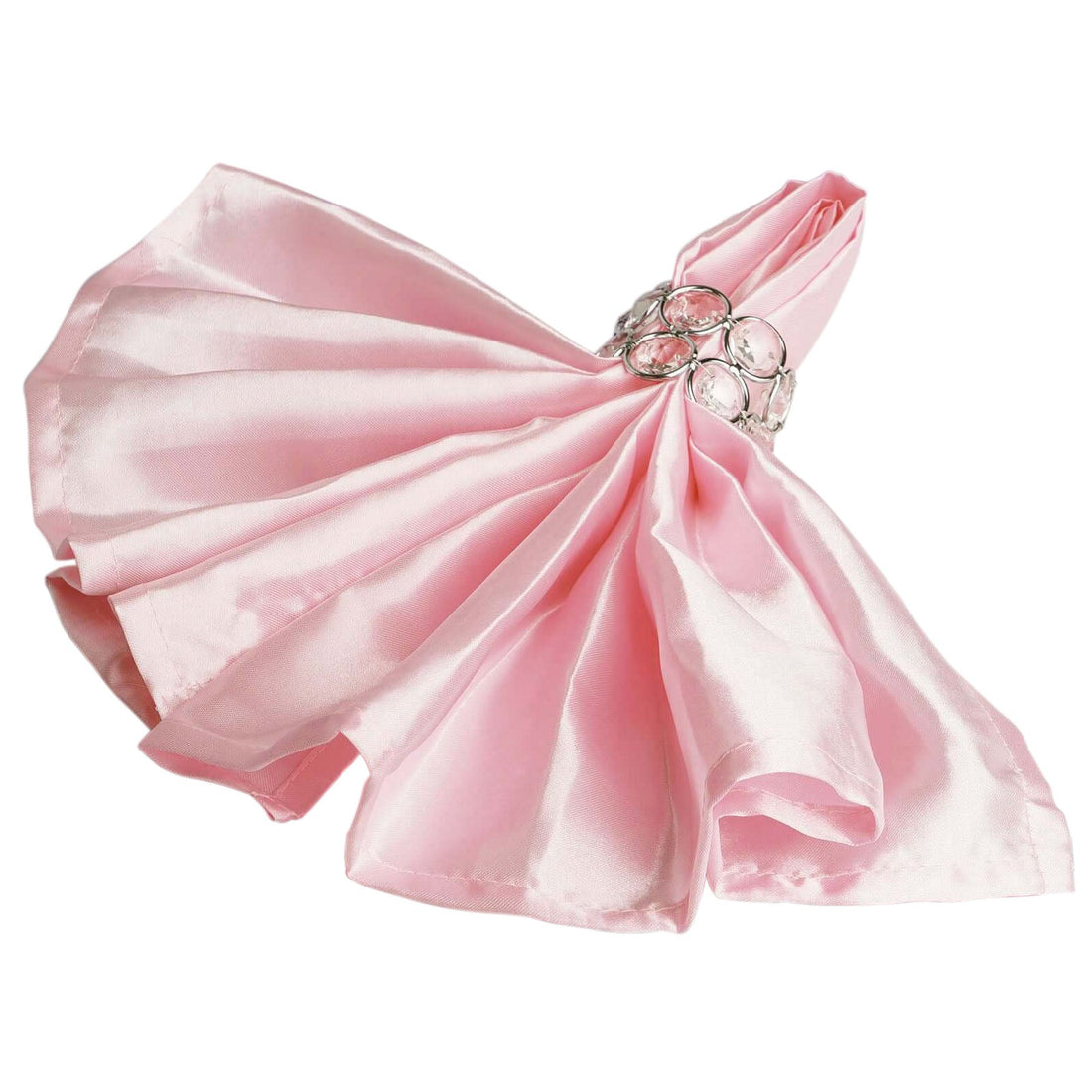 Pink satin napkin with a decorative ring, elegantly folded.