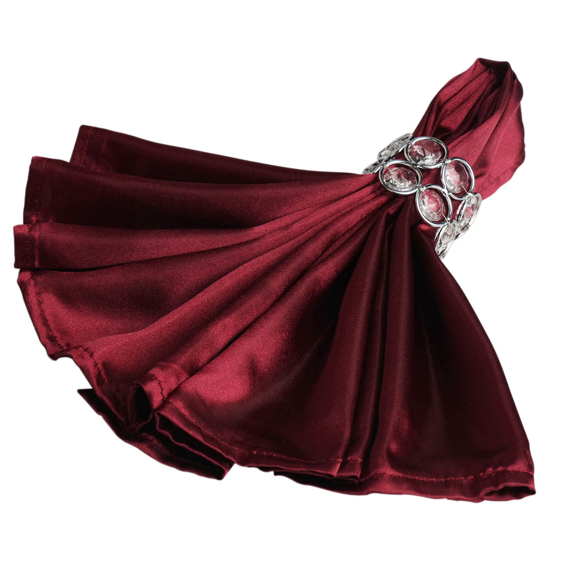 Burgundy satin dress with jeweled embellishment on a white background