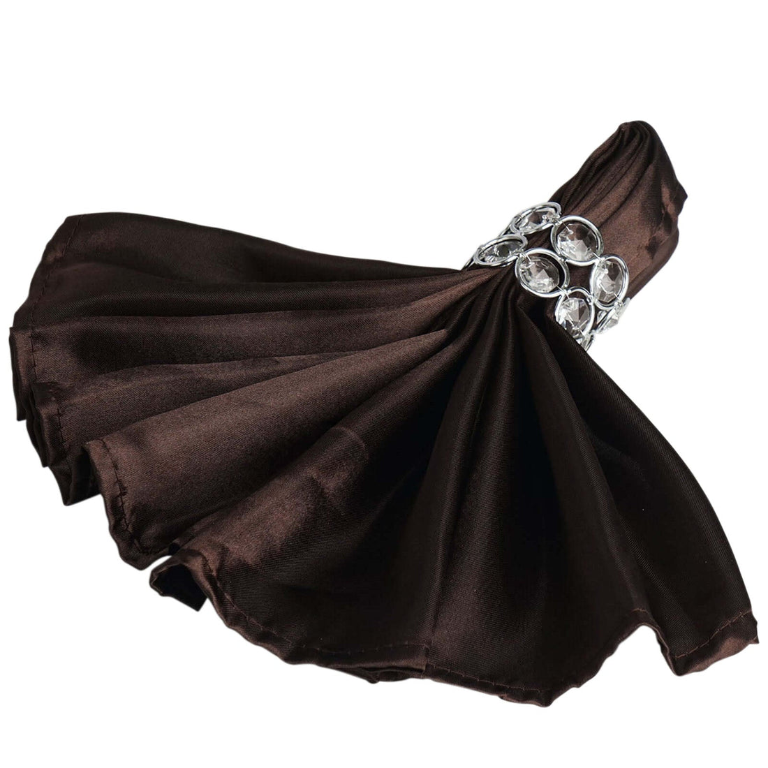 Elegant brown satin napkin with a jeweled ring holder.