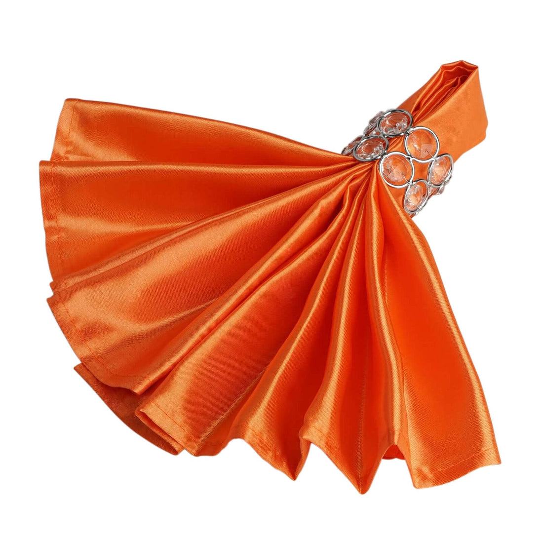 Orange satin napkin with a decorative ring.
