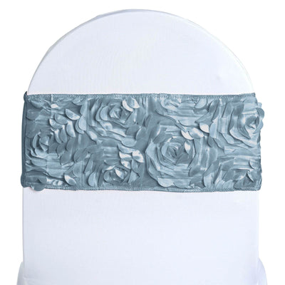 5 Pack Satin Spandex Chair Sashes 6"x14" Dusty Blue - Rosette Pattern Stretch Chair Bands