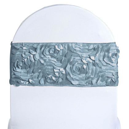 5 Pack Satin Spandex Chair Sashes 6"x14" Dusty Blue - Rosette Pattern Stretch Chair Bands