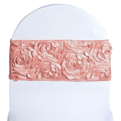 5 Pack Satin Spandex Chair Sashes 6"x14" Dusty Rose - Rosette Pattern Stretch Chair Bands