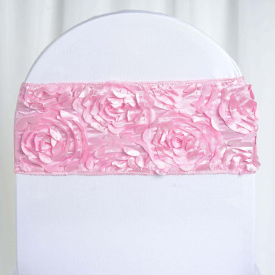 5 Pack Satin Spandex Chair Sashes 6"x14" Pink - Rosette Pattern Stretch Chair Bands