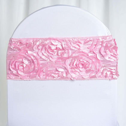 5 Pack Satin Spandex Chair Sashes 6"x14" Pink - Rosette Pattern Stretch Chair Bands