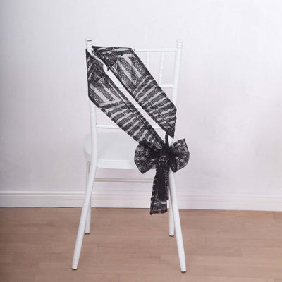 5 Pack Sequin Chair Sashes 6"x88" Black Geometric Diamond Glitz Design - Lustrous Decorative Design for Events