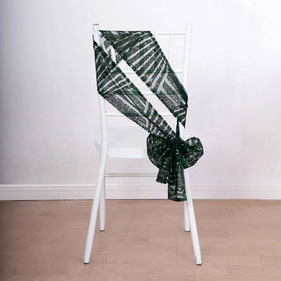 5 Pack Sequin Chair Sashes 6"x88" Hunter Emerald Green Geometric Diamond Glitz Design - Lustrous Decorative Design for Events