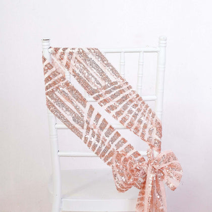 5 Pack Sequin Chair Sashes 6"x88" Rose Gold Geometric Diamond Glitz Design - Lustrous Decorative Design for Events