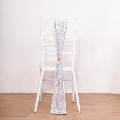 5 Pack Sequin Chair Sashes 6"x88" Silver Geometric Diamond Glitz Design - Lustrous Decorative Design for Events
