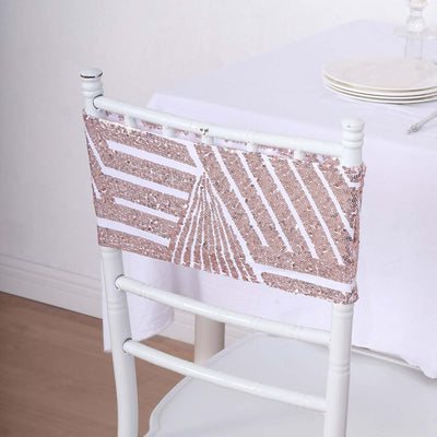 5 Pack Sequin Spandex Chair Sash White with Rose Gold Geometric Diamond Glitz Pattern - Reusable Stretch Chair Bands