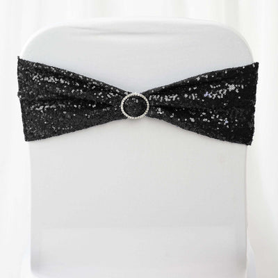 5 Pack Sequin Spandex Chair Sashes 6"x15" Black - Shimmering Stretch Chair Bands for Festive Celebrations