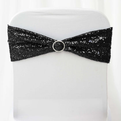 5 Pack Sequin Spandex Chair Sashes 6"x15" Black - Shimmering Stretch Chair Bands for Festive Celebrations