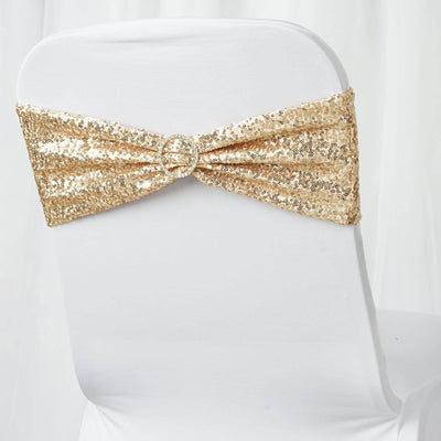 5 Pack Sequin Spandex Chair Sashes 6"x15" Champagne - Stretch Chair Bands