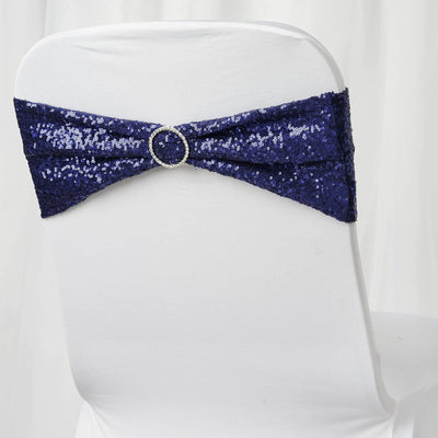 5 Pack Sequin Spandex Chair Sashes 6"x15" Navy Blue - Stretch Chair Bands