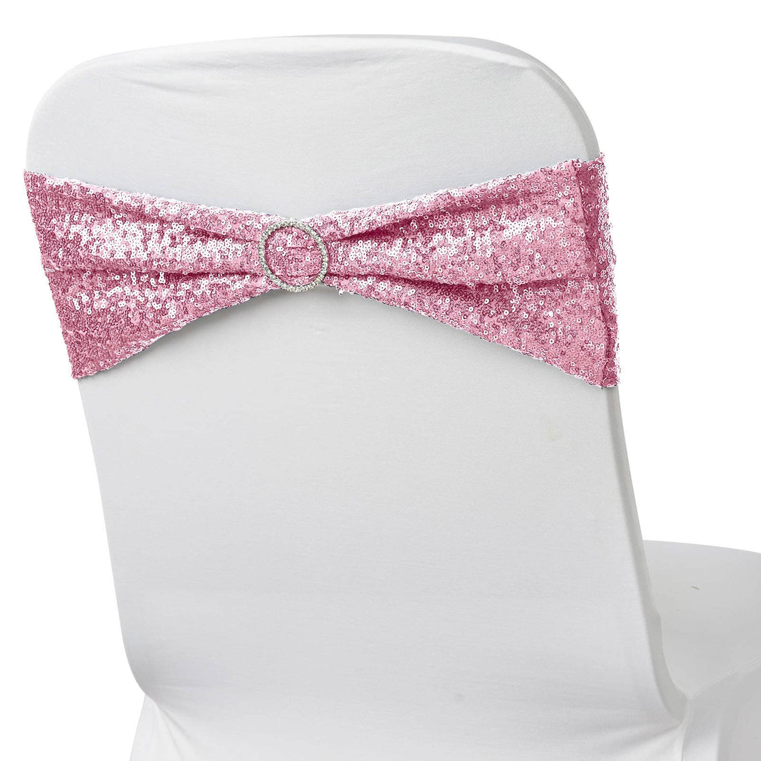 Pink sequin chair cover with a decorative ring, elegant event decor.