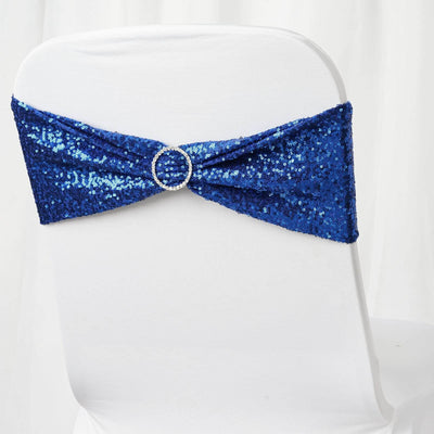 5 Pack Sequin Spandex Chair Sashes 6"x15" Royal Blue - Stretch Chair Bands