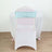 Sequin chair cover in light blue on a white chair against a plain backdrop