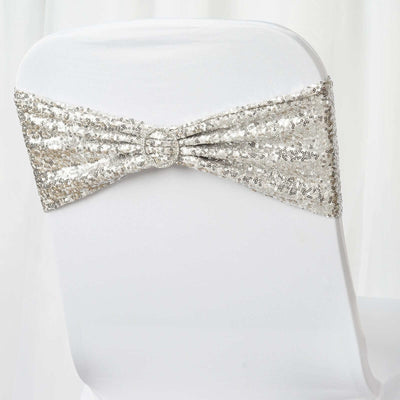 5 Pack Sequin Spandex Chair Sashes 6"x15" Silver - Stretch Chair Bands