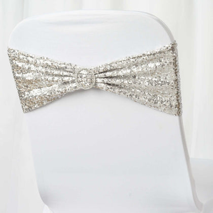 5 Pack Sequin Spandex Chair Sashes 6"x15" Silver - Stretch Chair Bands