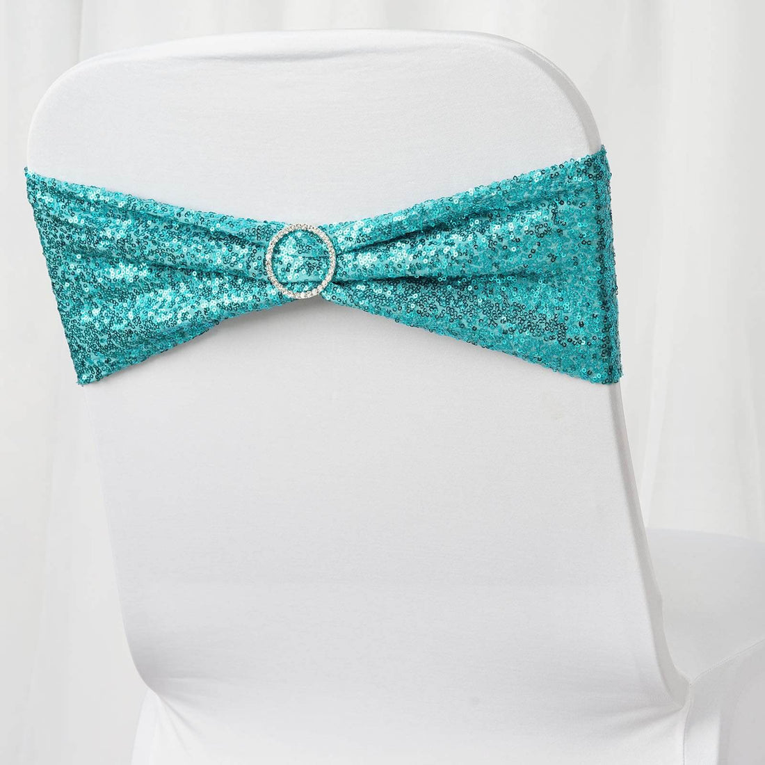 Turquoise sequin chair sash with rhinestone buckle