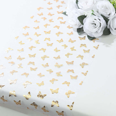 5 Pack Sheer Organza Table Runner Rolls 11"x108" White Disposable with Metallic Gold Foil Butterflies Motifs
