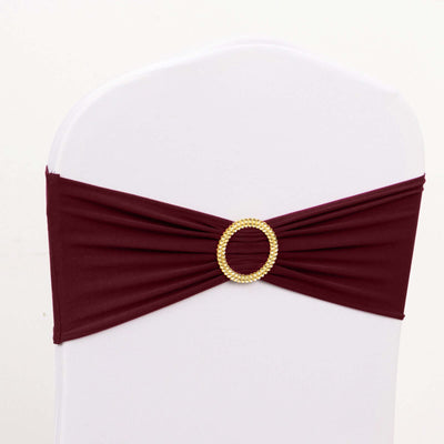 5 Pack Spandex Chair Sashes 5"x14" Burgundy with Gold Rhinestone Buckles - Wrinkle-Free Stretch Chair Bands