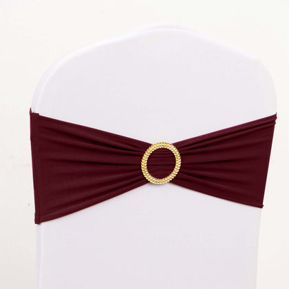 5 Pack Spandex Chair Sashes 5"x14" Burgundy with Gold Rhinestone Buckles - Wrinkle-Free Stretch Chair Bands