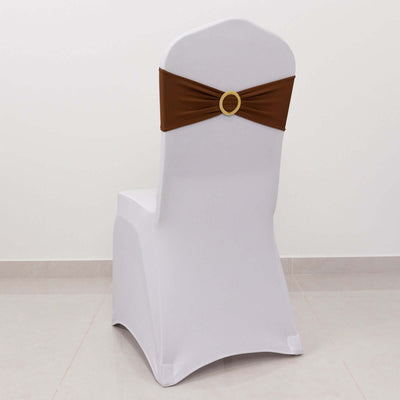 5 Pack Spandex Chair Sashes 5"x14" Cinnamon Brown with Gold Rhinestone Buckles - Wrinkle-Free Stretch Chair Bands