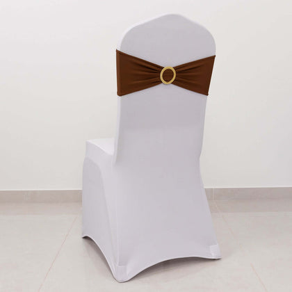 5 Pack Spandex Chair Sashes 5"x14" Cinnamon Brown with Gold Rhinestone Buckles - Wrinkle-Free Stretch Chair Bands