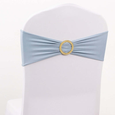 5 Pack Spandex Chair Sashes 5"x14" Dusty Blue with Gold Rhinestone Buckles - Wrinkle-Free Stretch Chair Bands