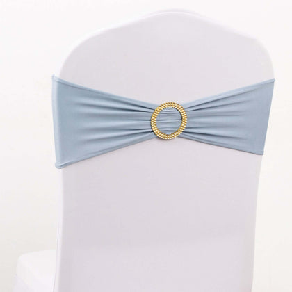 5 Pack Spandex Chair Sashes 5"x14" Dusty Blue with Gold Rhinestone Buckles - Wrinkle-Free Stretch Chair Bands