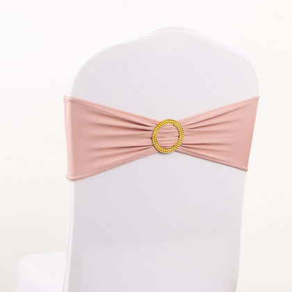 5 Pack Spandex Chair Sashes 5"x14" Dusty Rose with Gold Rhinestone Buckles - Wrinkle-Free Stretch Chair Bands