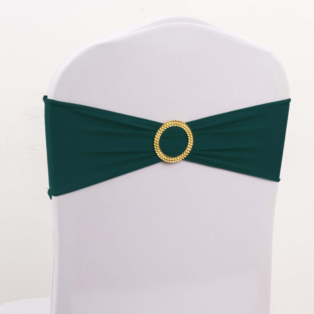 Teal chair sash with a gold buckle, perfect for weddings and events.