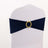 Navy blue chair cover with a gold decorative buckle