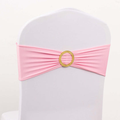 5 Pack Spandex Chair Sashes 5"x14" Pink with Gold Rhinestone Buckles - Wrinkle-Free Stretch Chair Bands