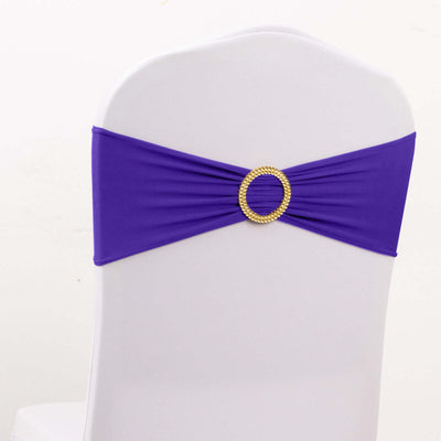 5 Pack Spandex Chair Sashes 5"x14" Purple with Gold Rhinestone Buckles - Wrinkle-Free Stretch Chair Bands