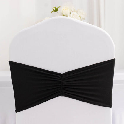 5 Pack Spandex Chair Sashes 8"x13" Black Ruffled Style - Wide Wrinkle-Free Stretch Chair Bands