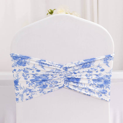 5 Pack Spandex Chair Sashes 8"x13" White/Blue French Toile Floral