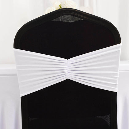 5 Pack Spandex Chair Sashes 8"x13" White Ruffled Style - Wide Wrinkle-Free Stretch Chair Bands for Professional-Looking Setups