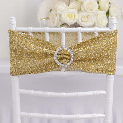 5 Pack Spandex Chair Sashes Champagne Shimmer Tinsel 5"x12" with Silver Rhinestone Buckles - Stylish Design
