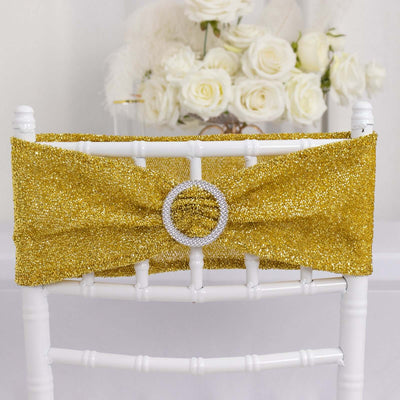 5 Pack Spandex Chair Sashes Gold Shimmer Tinsel 5"x12" with Silver Rhinestone Buckles - Stylish Design for Events